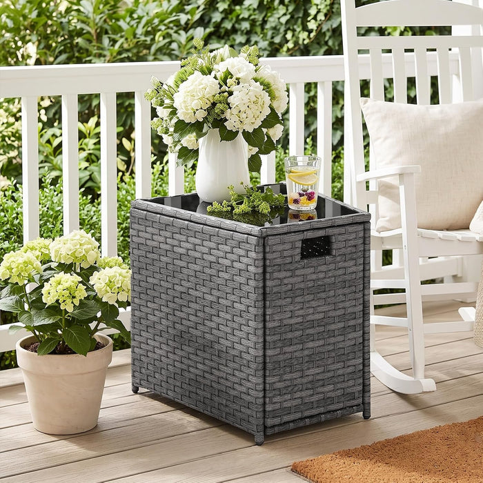 Restland Outdoor Wicker Table - Grey Rattan Coffee Table with Tempered Glass Top & Storage Cabinet, Multi-Functional End Table for Patio, Deck, Porch, 300LBS Load Bearing