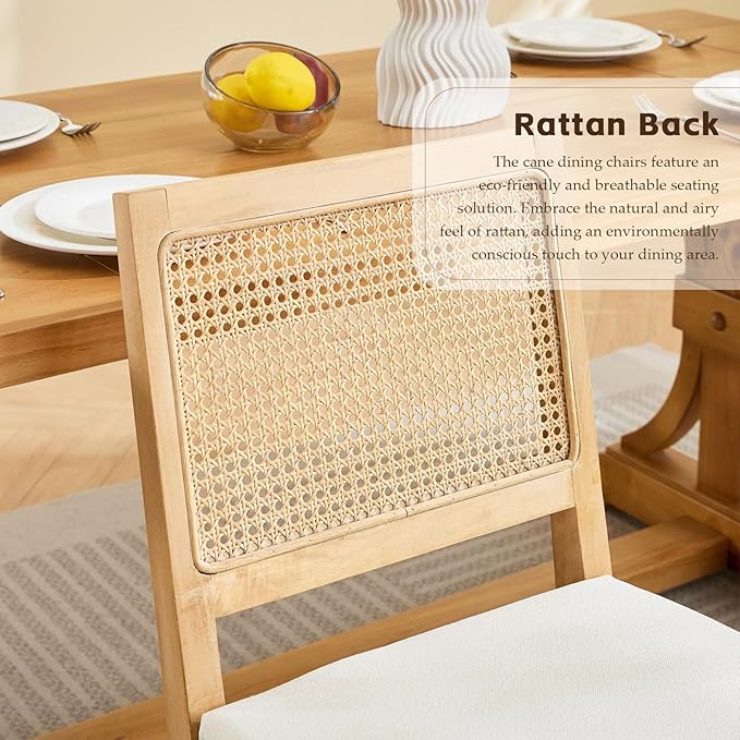 Rattan Dining Chairs Set of 4, French Country Cane Back Upholstered Kitchen C...