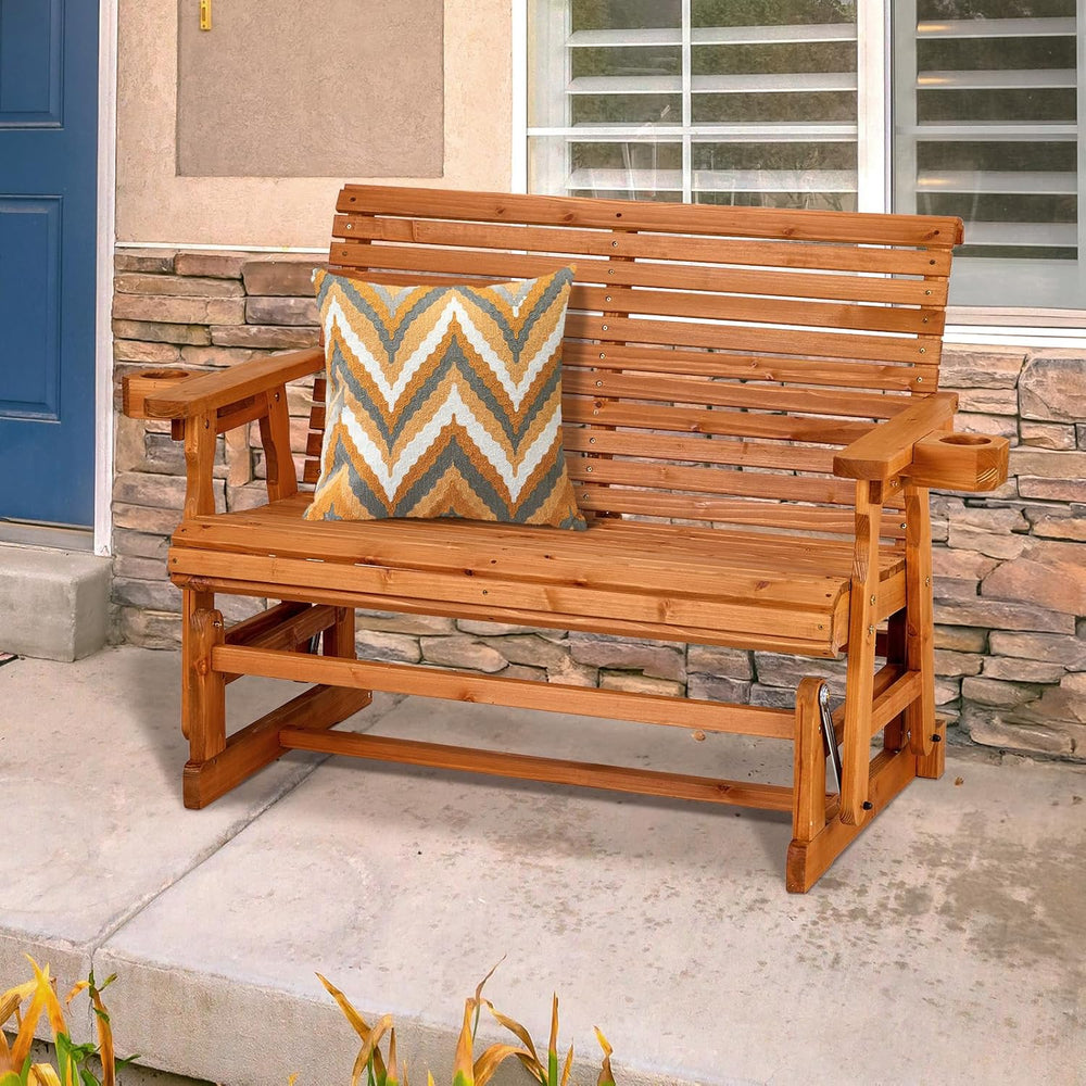 VINGLI Outdoor Glider Wood Patio Chair with Cup Holders, Outdoor Bench Glider...