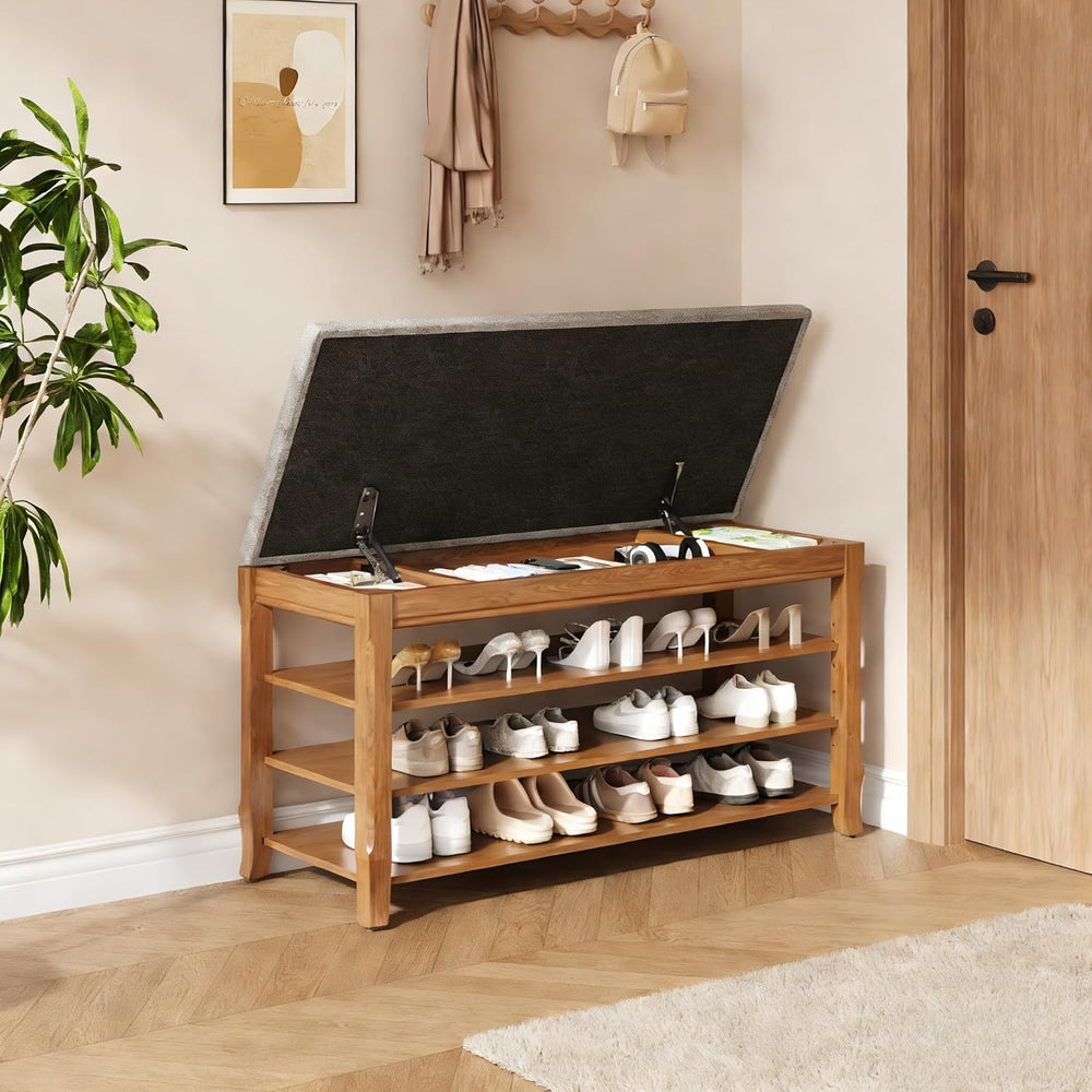 Solid Wood Shoe Bench with Storage, Flip-Top Soft-Close Lid, Adjustable Shelv...