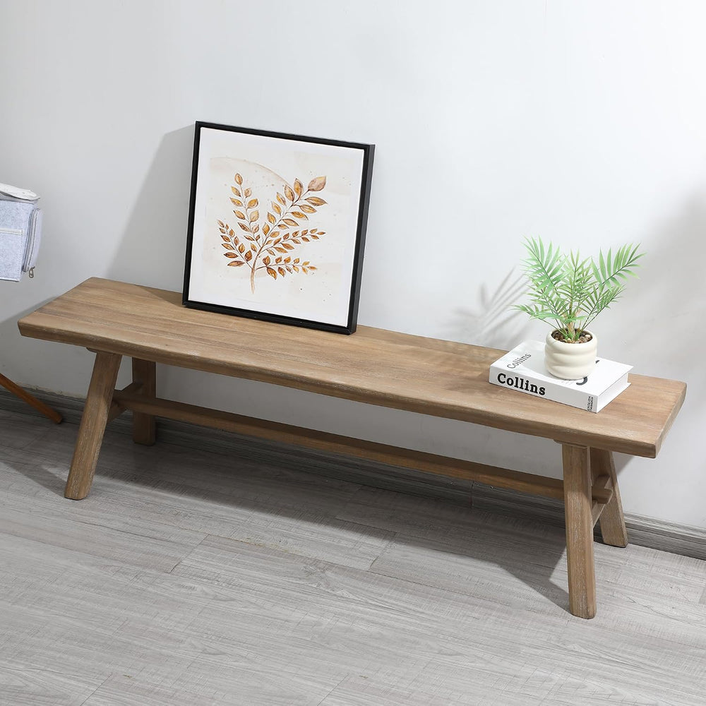 Wnutrees 55" Farmhouse Solid Wood Bench, Rustic Dining Entryway Bench | ...