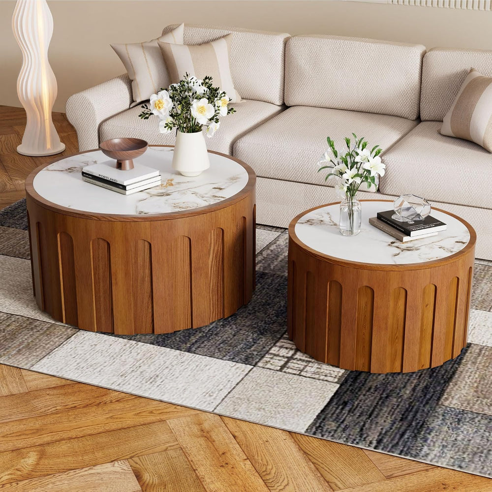 26.4" Round Nesting Coffee Table Set of 2, White | Fluted Wood Accent Ba...