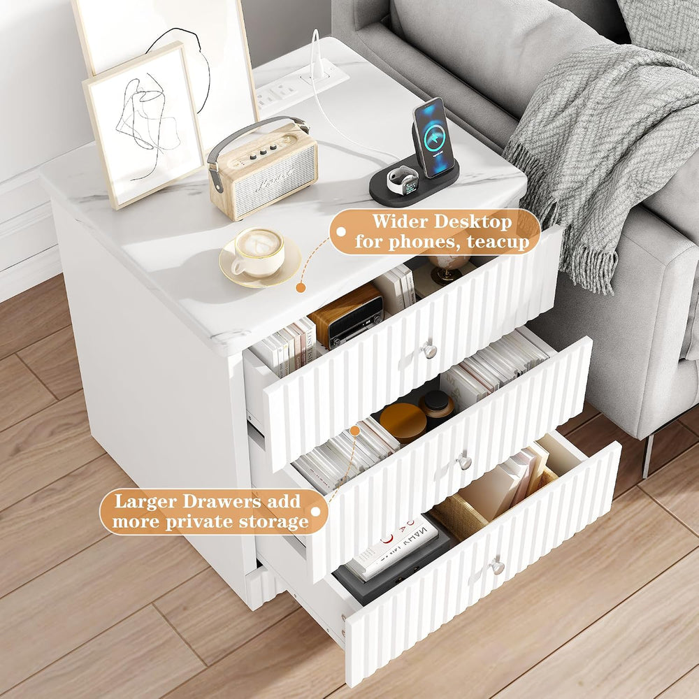 AWQM White Nightstand Set of 2, Night Stand with Charger Station and 3 Drawer...