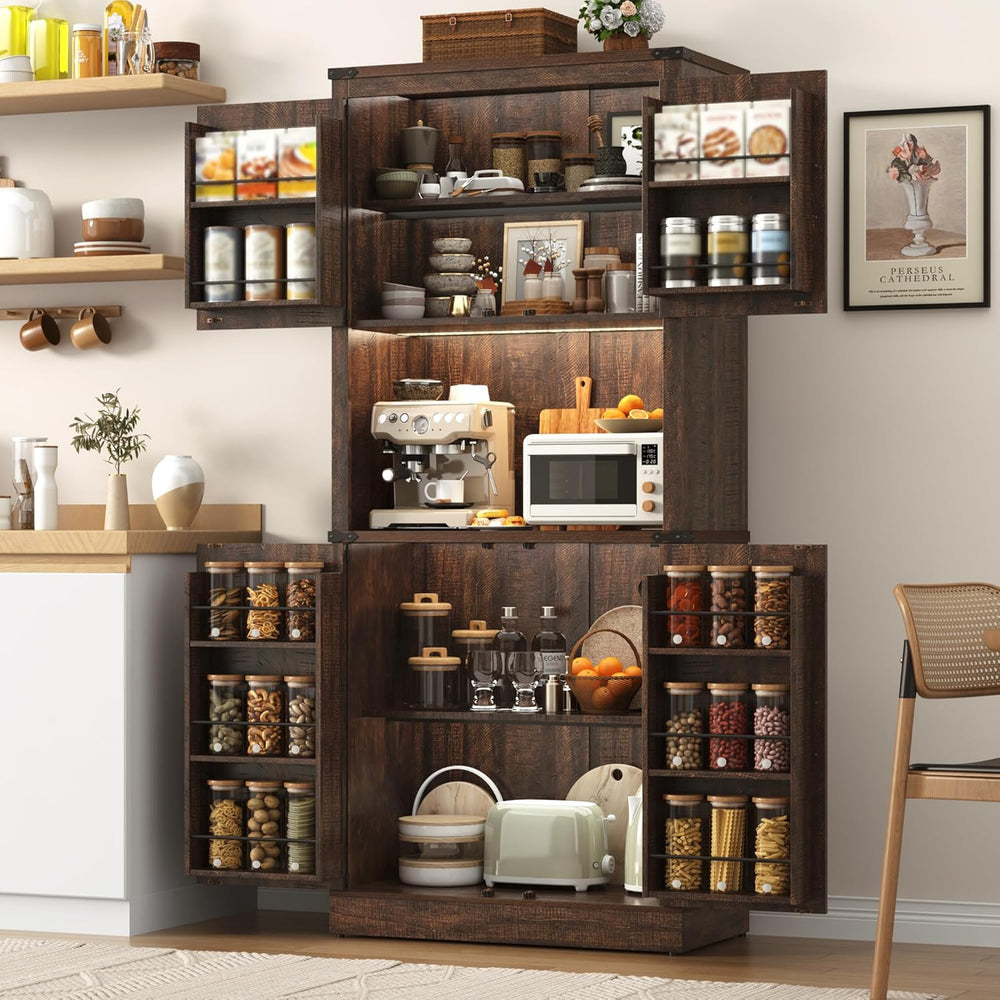 72" Tall Farmhouse Kitchen Pantry Cabinet with LED Light and Power Outle...