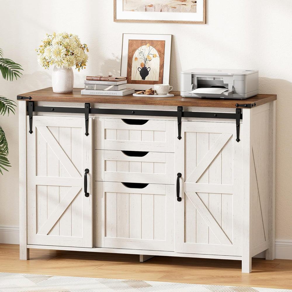 Halitaa 43.31” Farmhouse File Cabinet with Sliding Barn Door, Off White