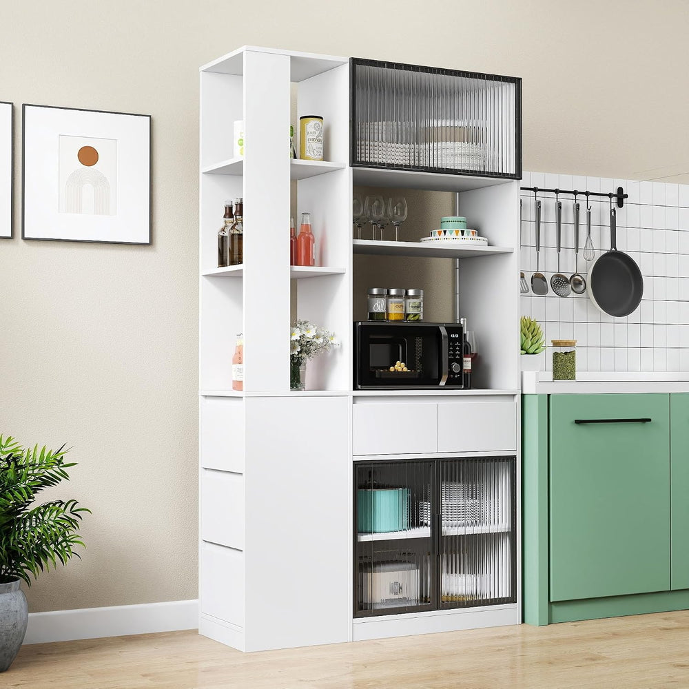 Modern 70.87" Tall Storage Cabinet with 5 Drawers, Glass Doors and Displ...