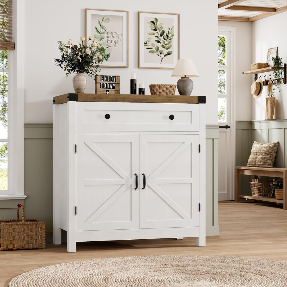 HOSTACK 31.5"W Kitchen Storage Cabinet, Farmhouse Coffee Bar Cabinet, Wh...