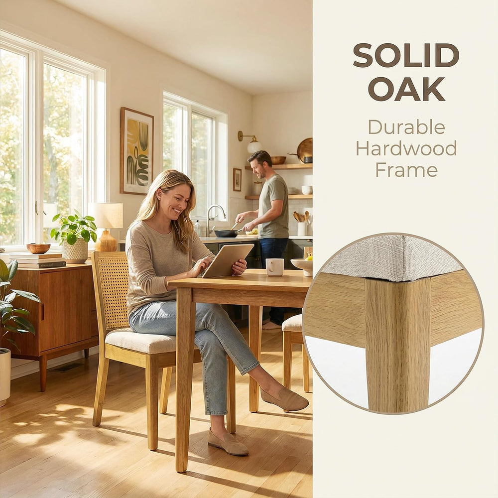 Farmhouse Rattan Dining Chairs Set of 4, Natural Solid Hardwood Frame, Uphols...