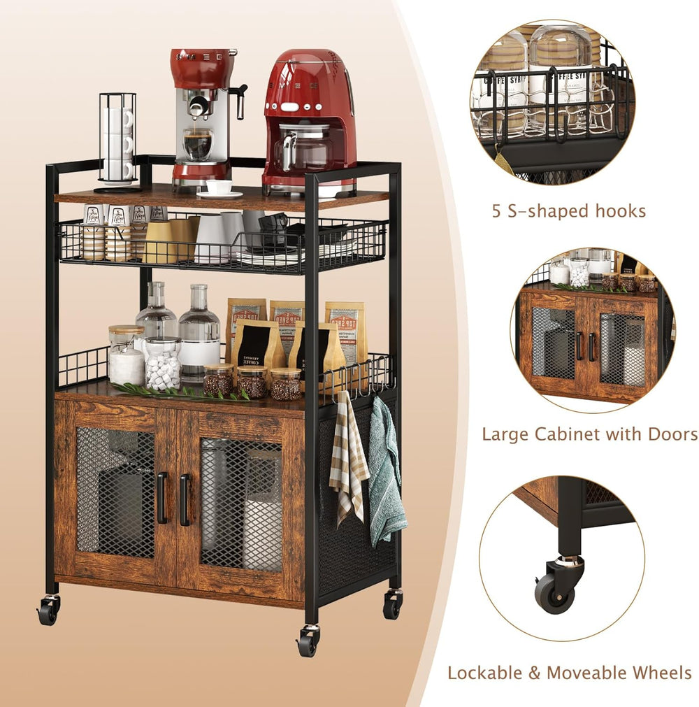 Hencawima Coffee Bar Cabinet, 3 Tier Coffee Station Table on Wheels, 35.9&quo...