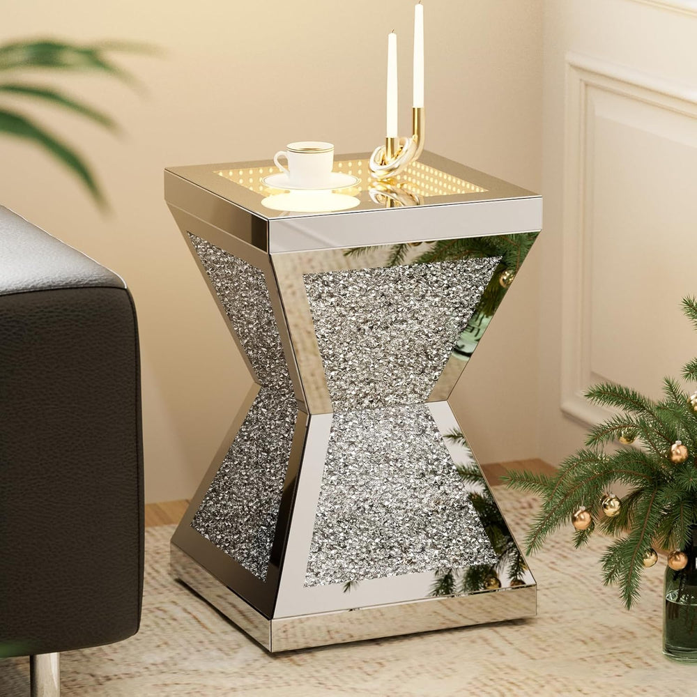 IKIFLY Mirrored Nightstand Set of 2, LED End Table with Irregular Base, Silve...
