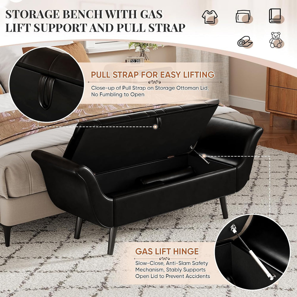 Faux Leather Storage Bench for Bedroom End of Bed, 65-Inch Rolled Arm Upholst...