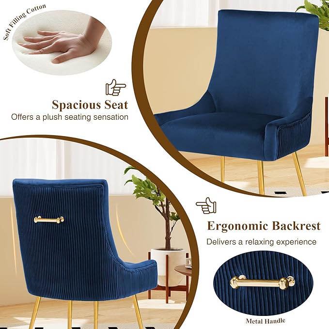 Velvet Dining Chairs Set of 4, Modern Upholstered Kitchen Chair with Pull Han...