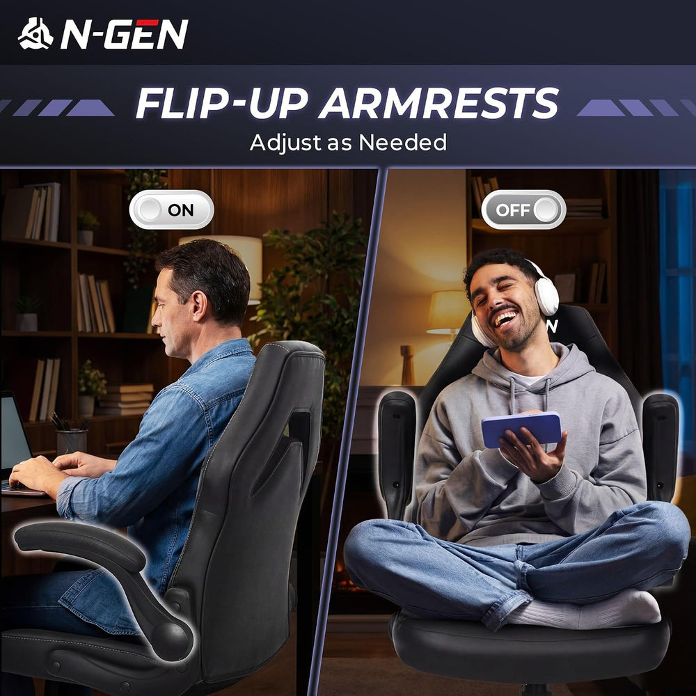 N-GEN Gaming Gaming Chair, Lumbar, PU Leather, Flip-Up Arms, Jet Black | Ergo...