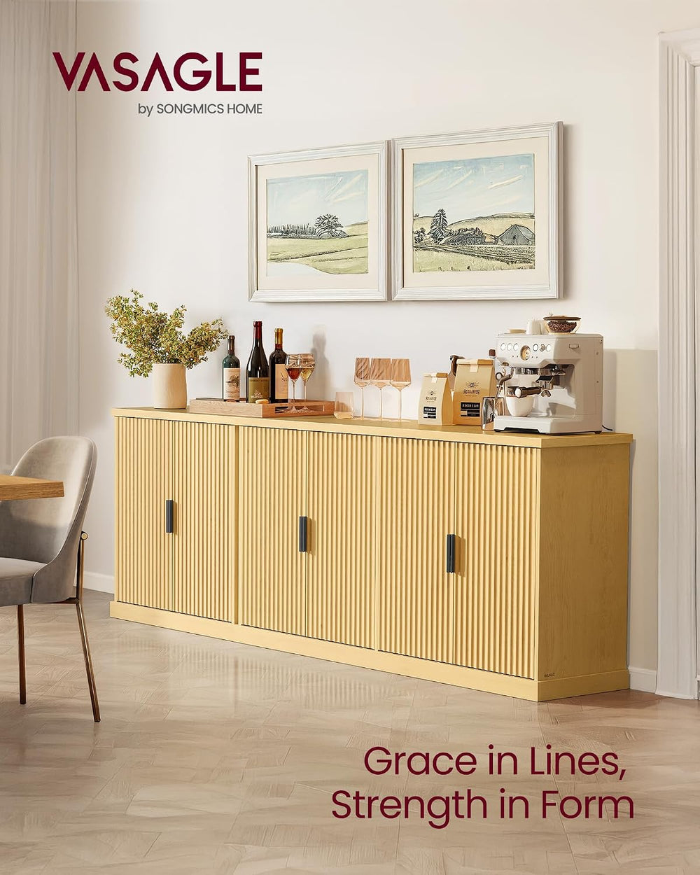 VASAGLE Contemporary Buffet Cabinet with Adjustable Shelves, Fluted Doors