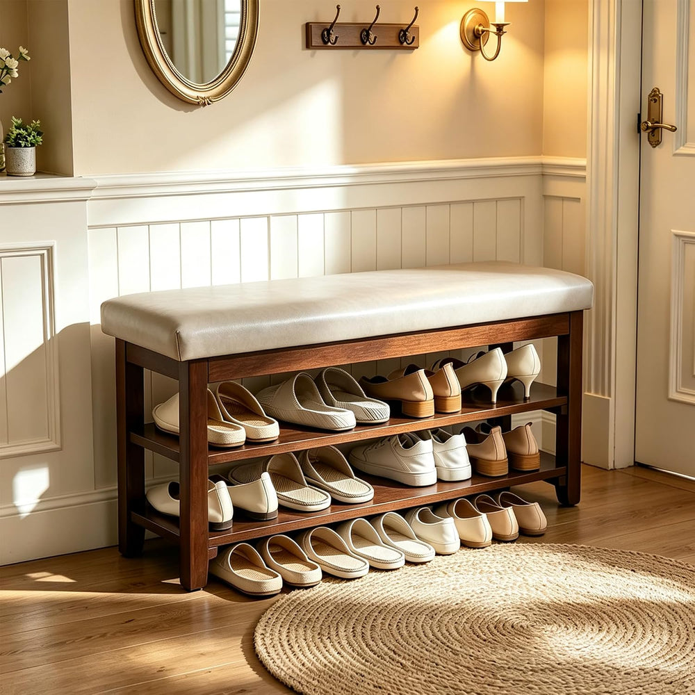 40" Shoe Bench with Leather Cushion, Upholstered Entryway Bench, Grey | ...