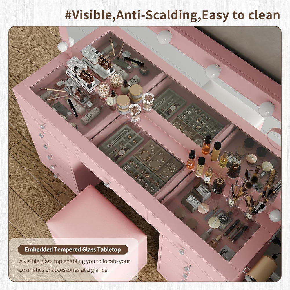 FUSOU Makeup Vanity with Power Outlet & Lighted Mirror, 13 Drawers Vanity...