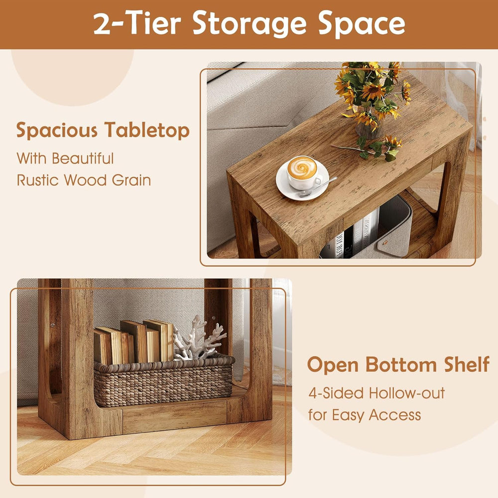 GOFLAME Narrow End Table, Farmhouse Wood Sofa Side Table 2-Tier with Storage ...