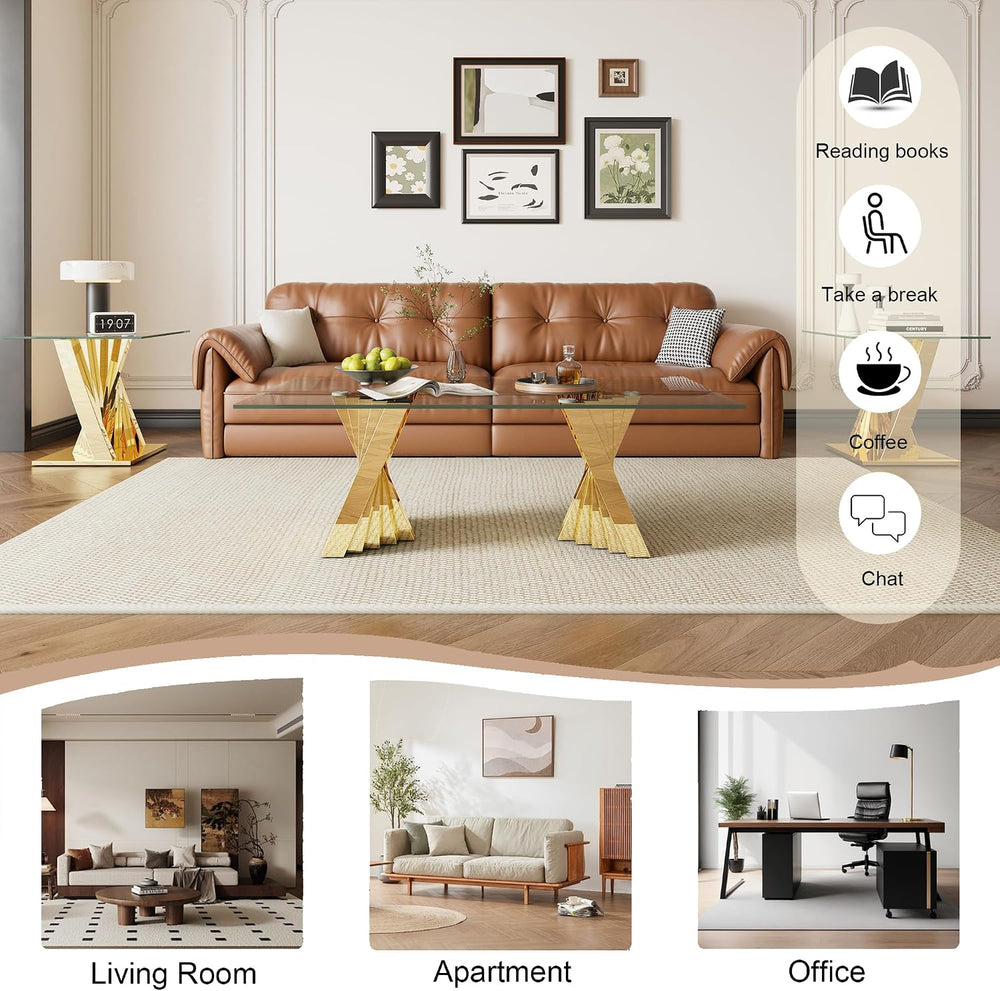 3 Piece Living Room Set, 51" Glass Coffee Table and 2 End Tables with Te...