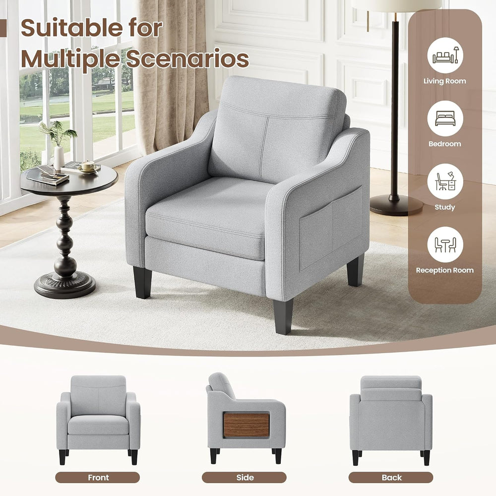 Upholstered Accent Chair with Foldable Side Table for Living Room | 2 Side Po...