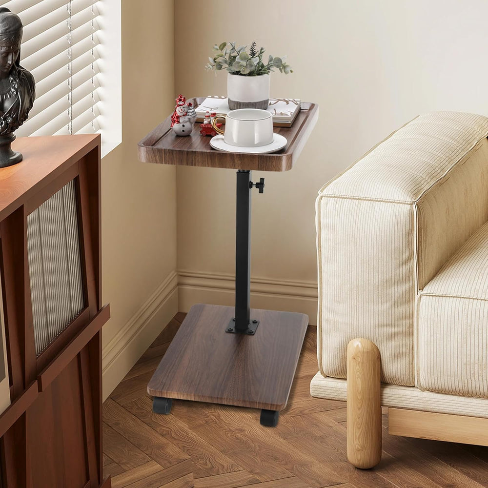 C Shaped End Table for Couch, Adjustable Height C Shaped Side Table with Whee...