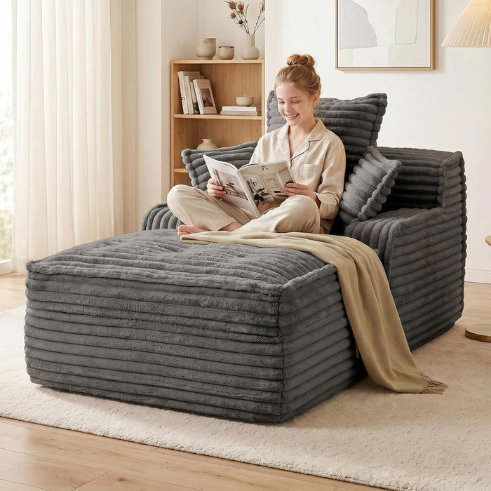 Boneless Chair Chaise Lounge Chair Indoor, Corduroy Upholstered Boneless Sofa Bed, 57'' Deep Seat Sleeper Sofa Reading Chairs, Small Comfy Cloud Sofas Couches for Living Room, Bedroom (Grey)