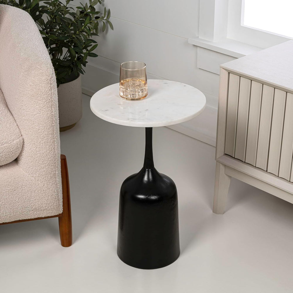 JONATHAN Y Pip Modern Round Marble Drink Table with Antique Black Bell-Shaped...