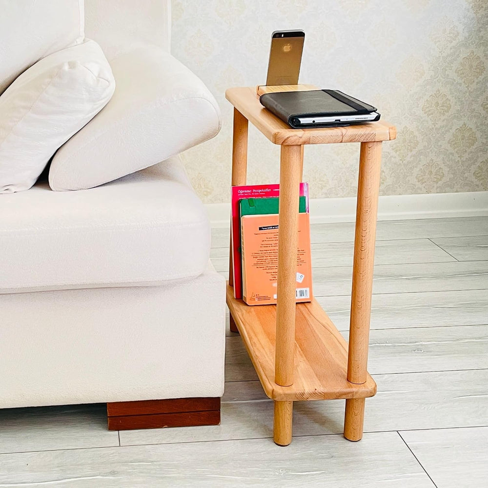 Handmade Slim Side Table Solid Beech Wood for Couch Living Room, Authentic Na...