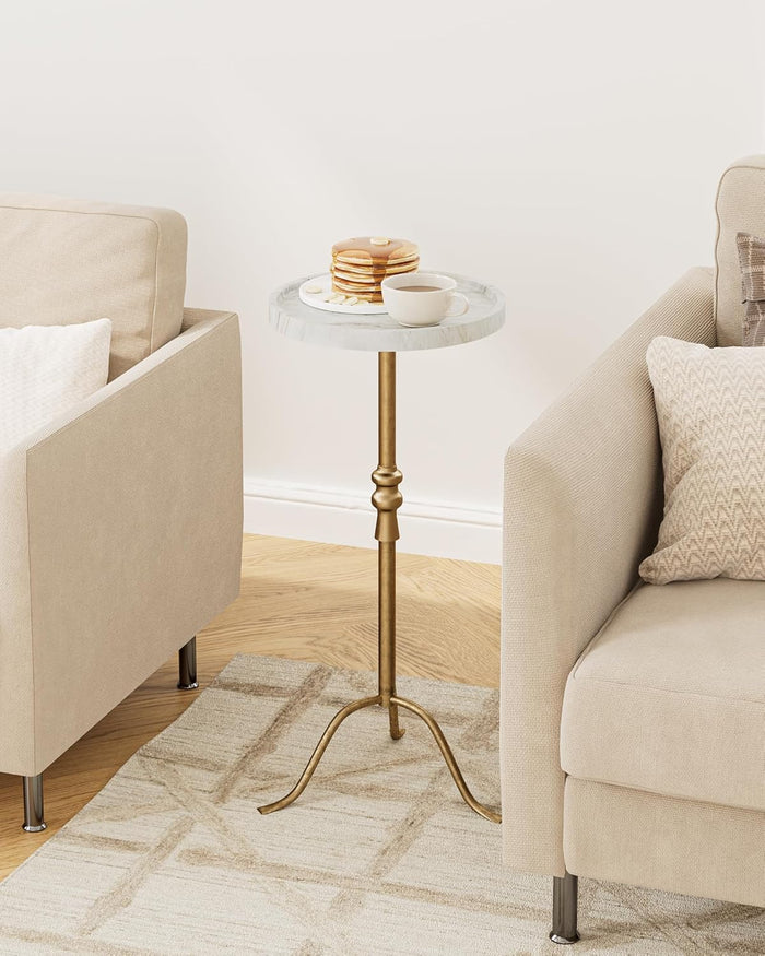 Brass Distressed Iron Round Pedestal End Table, 25 Inch Vintage Martini Cocktail Accent Table with Tray Top for Living Room, Bedroom (White Marble)