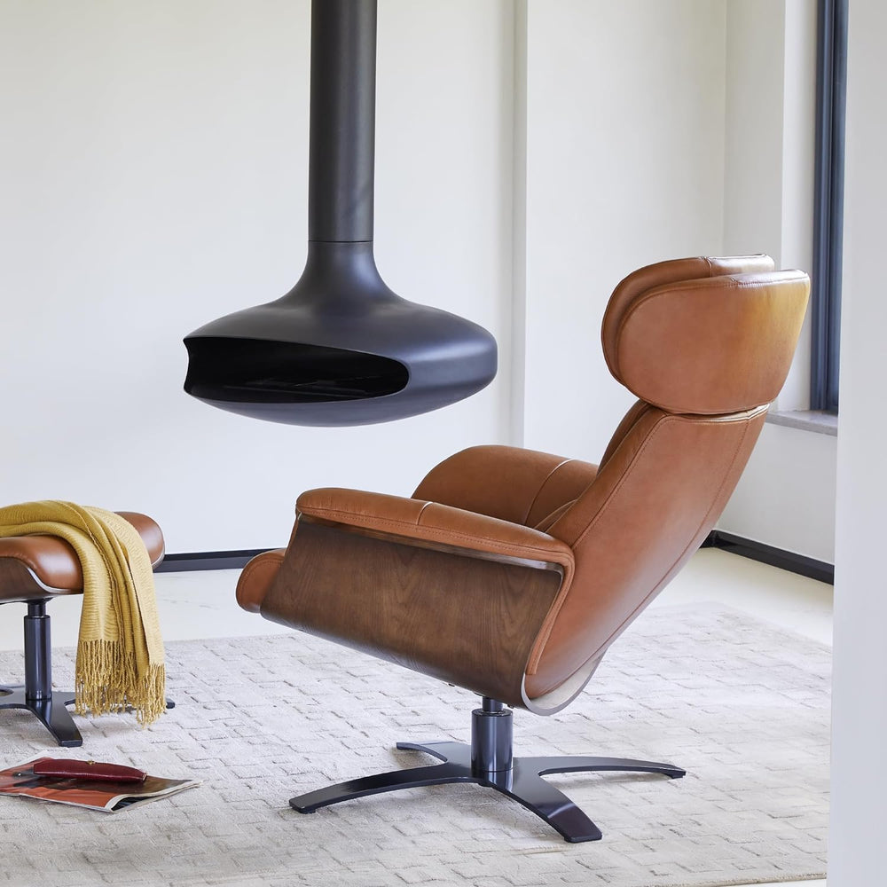 CHITA Genuine Leather Reclining Swivel Accent Chair with Ottoman, Saddle