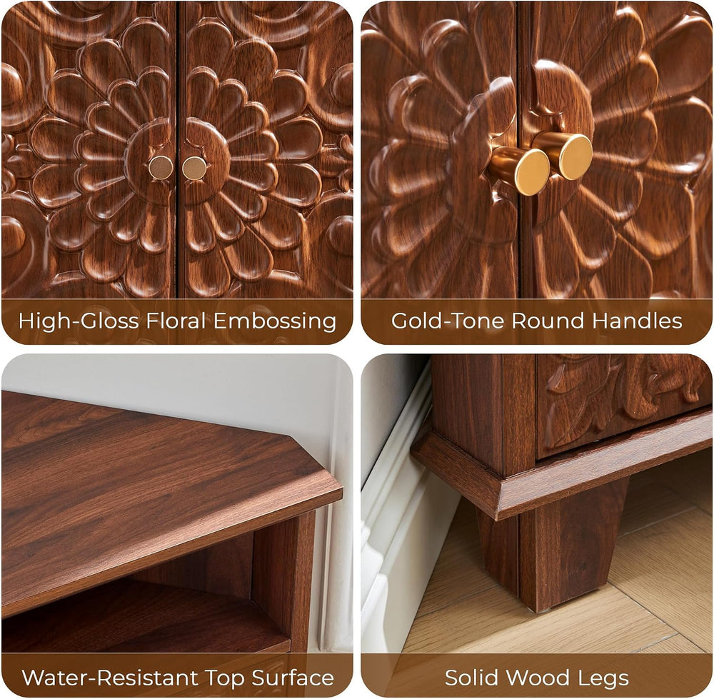 Corner Storage Cabinet, 31.5" Floral Accent Cabinet, Small Spaces, Walnut