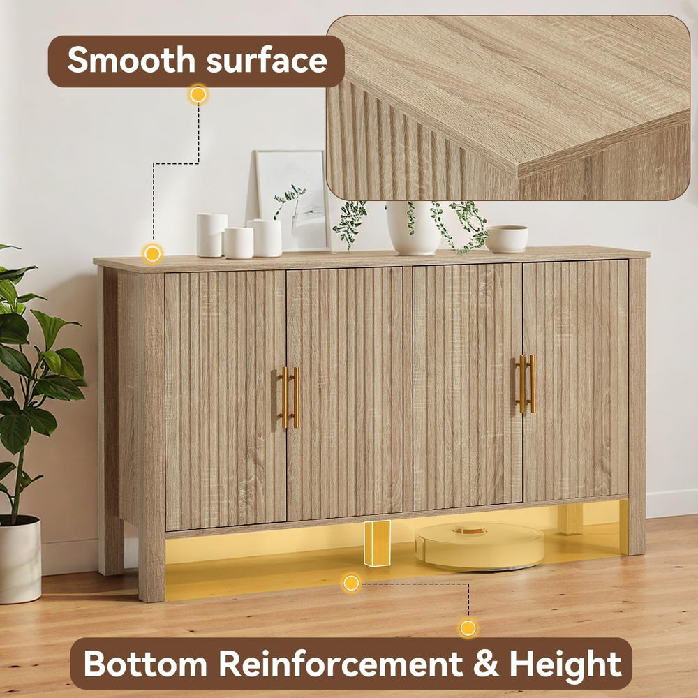 ECOTOUGE Natural 4-Door Fluted Buffet Cabinet with Storage