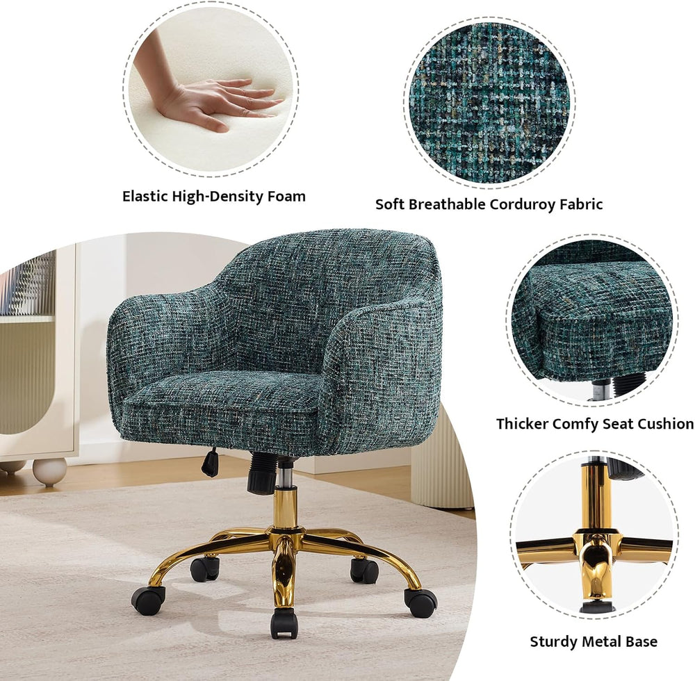 Desk Chair, Chenille Swivel Chair with Arms & Gold Wheels, Emerald | Home...