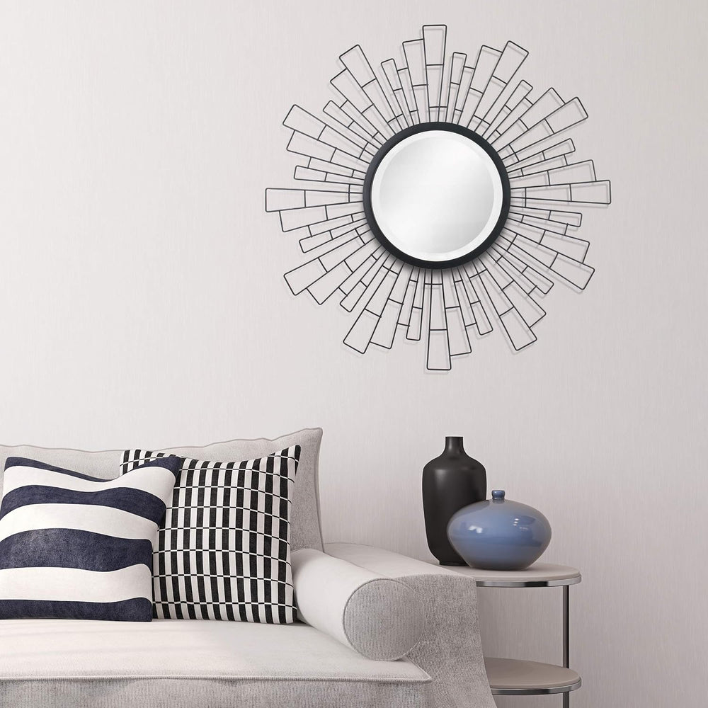 Stonebriar Round 23.5" Black Geometric Metal Sunburst Wall Mirror with A...