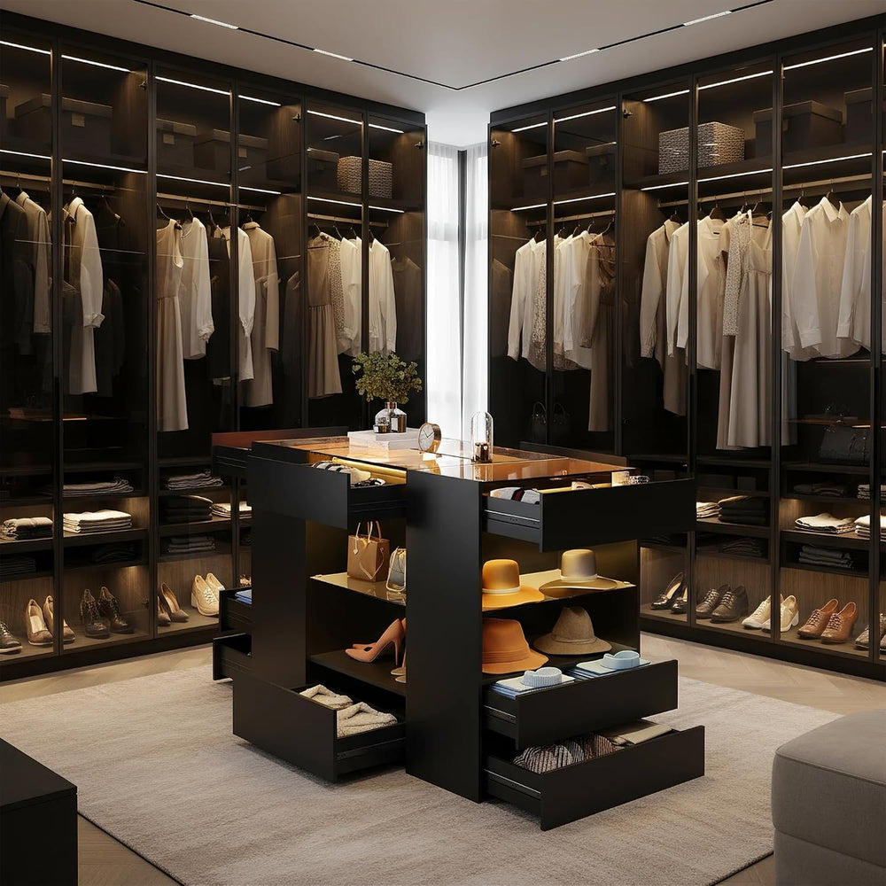 Kikihouse Modern Closet Island with 10 Drawers, LED Wardrobe Armoire Island w...