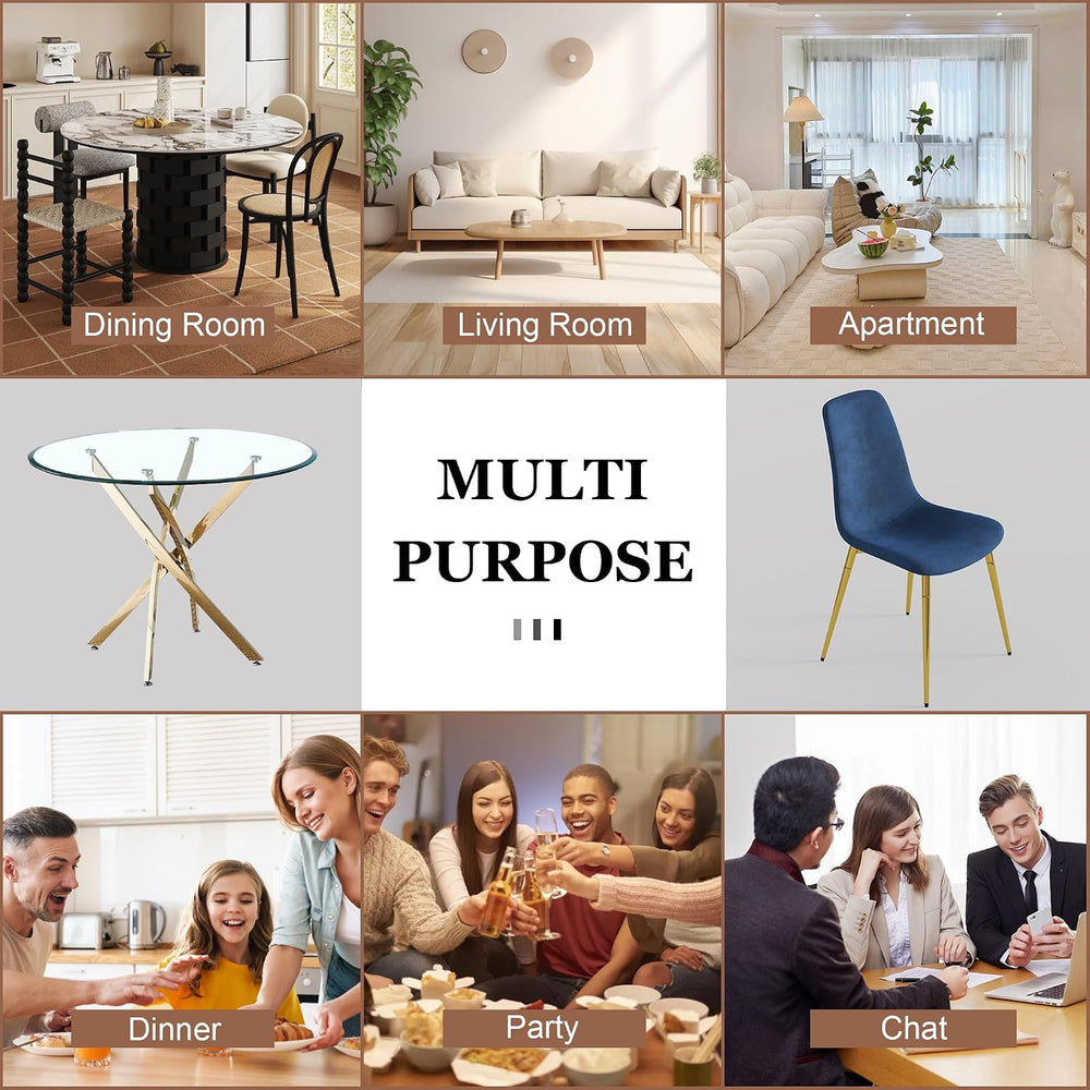 5-Piece Glass Dining Table Set, Modern Round Gold Dining Room Set with Temper...