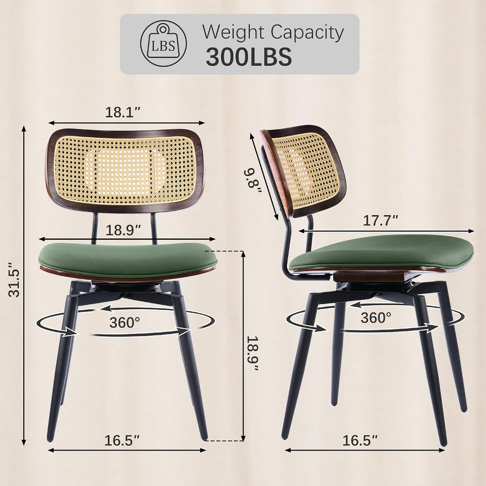 Dining Chairs, Set of 4, Modern, Green, Rattan & Faux Leather, Swivel wit...