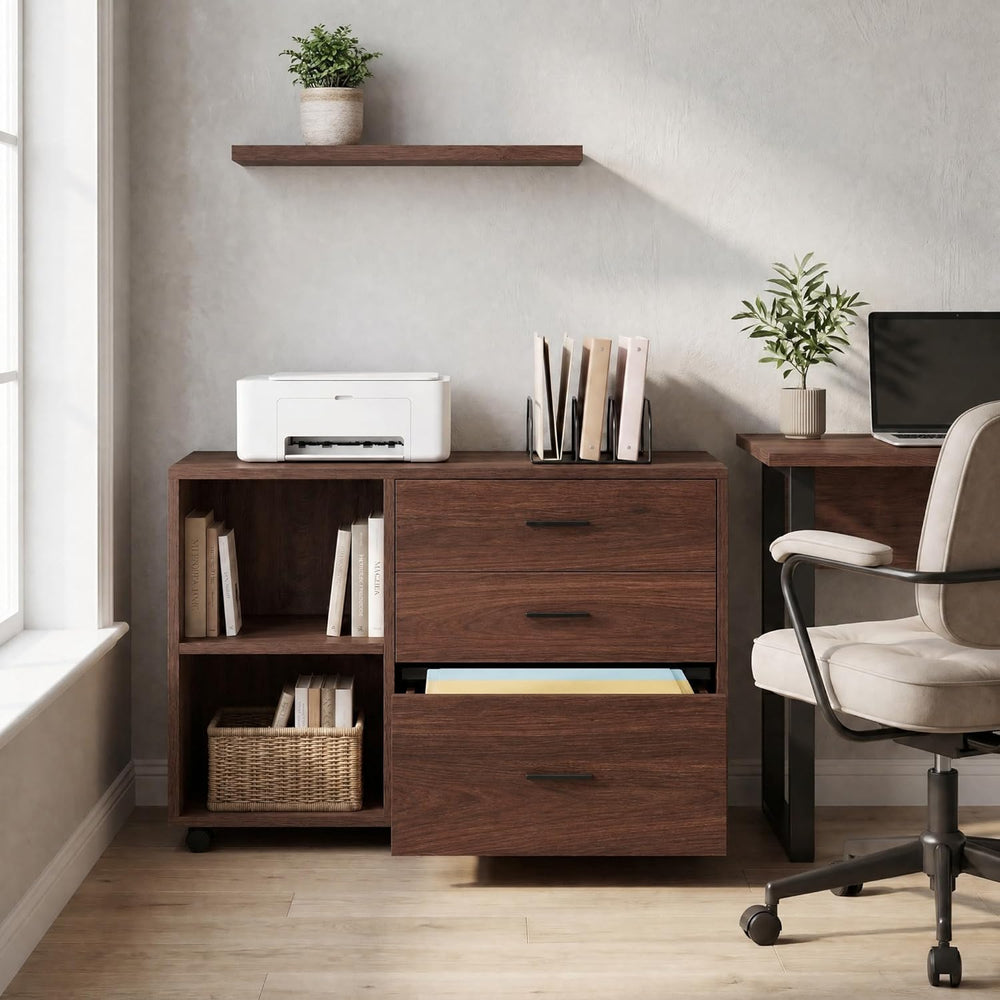 Tribesigns 39 in. Wooden Filing Cabinet with Open Storage Shelves and 3 Drawe...