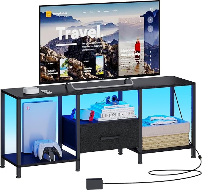 TV Stand with LED Lights, Entertainment Center with Open Shelves and Fabric D...