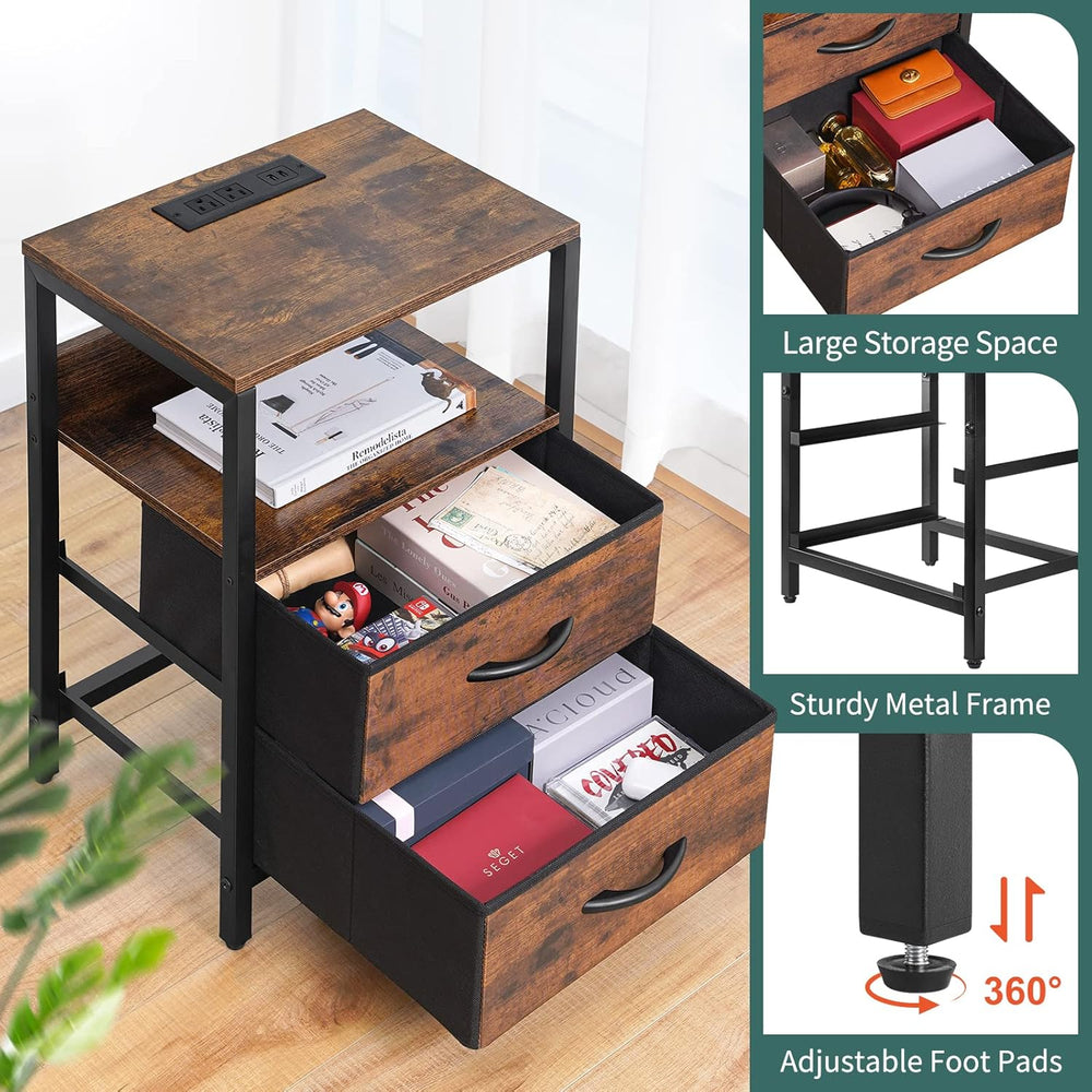 Yoobure Nightstand with Charging Station, Small Night Stand with Fabric Drawe...
