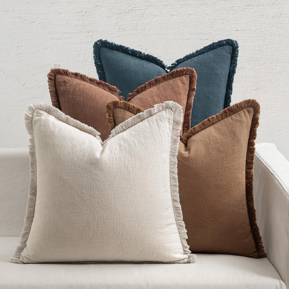MIULEE Fall Linen Fringe Pillow Covers Set of 4 18x18 Beige/Brown/Blue