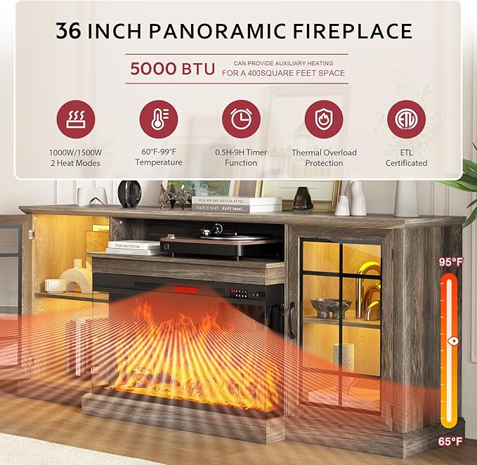 oneinmil 80'' Fireplace TV Stand with 3-Sided Glass, TV Cabinet for T...