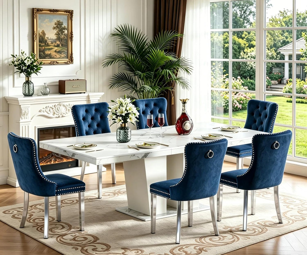 Faux Marble Extendable Dining Table Set for 6, Modern White Kitchen Table Set...