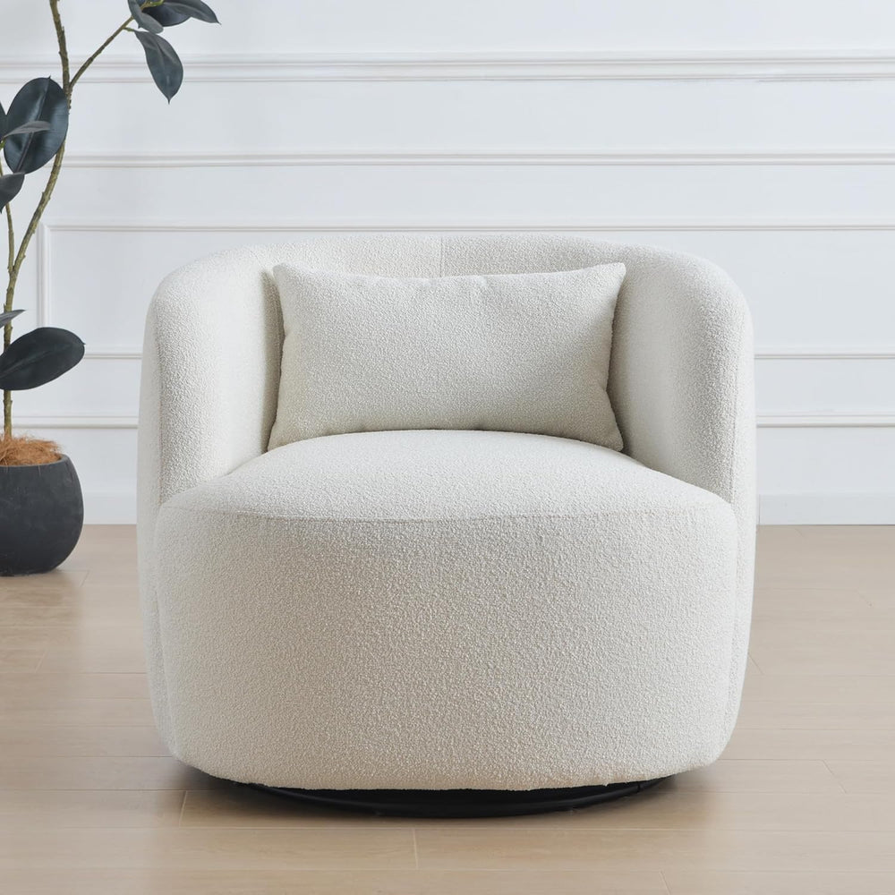 KINWELL 34" W Sherpa Swivel Barrel Accent Chair with Pillow, Cream
