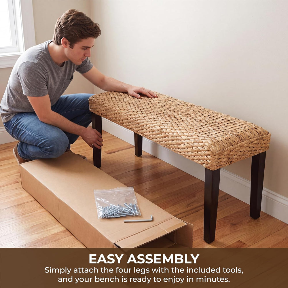 Solid Wood Acacia Indoor Bench, Water Hyacinth Seat, Black Leg, Plait Style |...