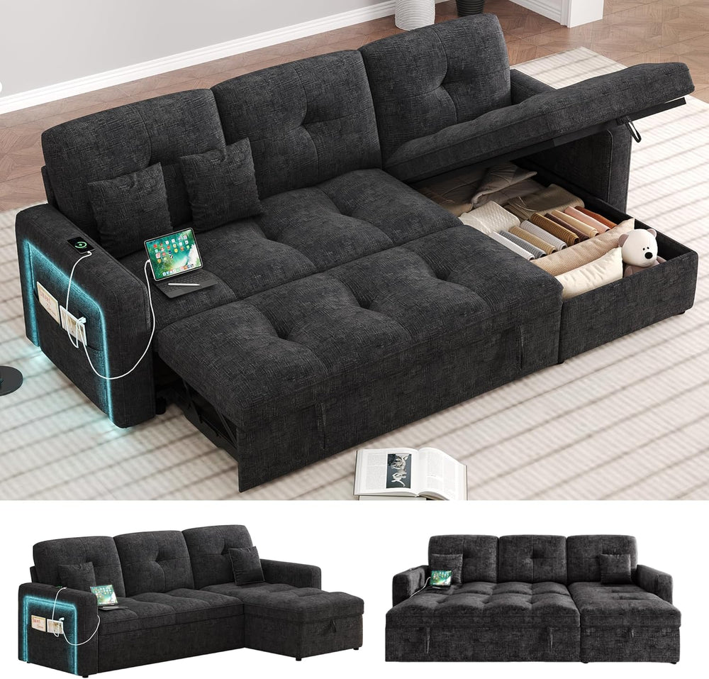 81'' LED L-Shaped Sectional Couch for Living Room, Sleeper Sofa Bed, ...