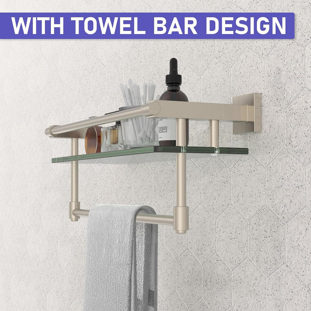16-Inch Modern Glass Shelf with Towel Bar, 1-Shelf, Brushed Nickel Finish, Wa...