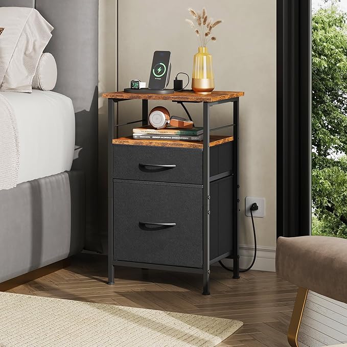 WLIVE Nightstands Set of 2, Night Stand Set 2 with Charging Station, Bedside ...