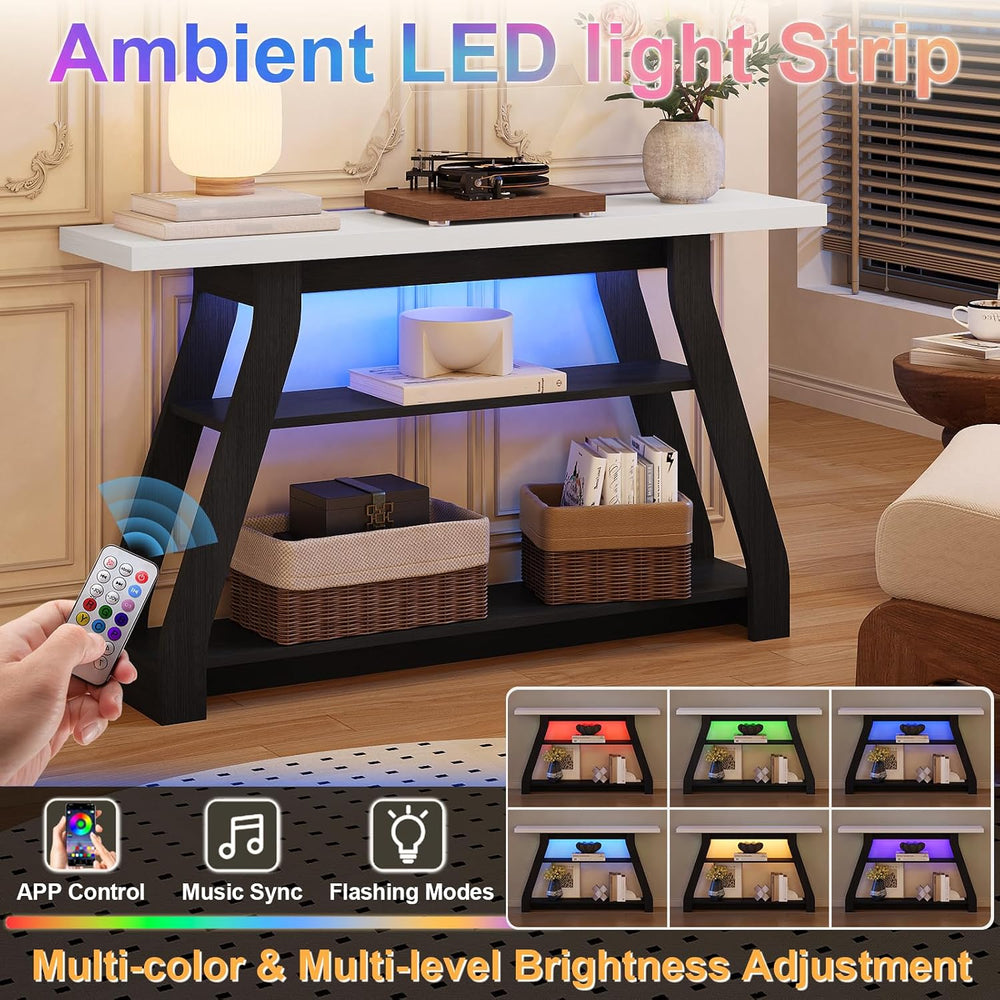 Console Table, 55-Inch Entryway Table with LED Light 3-Tier Narrow Wood Conso...