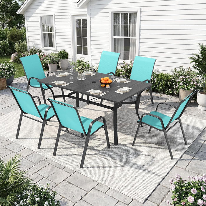 Outdoor Dining Set for 6, 7pcs Patio Table and Chairs Set with Adjustable Umbrella Hole,Heavy Duty 63”x37.8” Metal Dining Table and Stackable Patio Chair for Yard, Garden, Porch