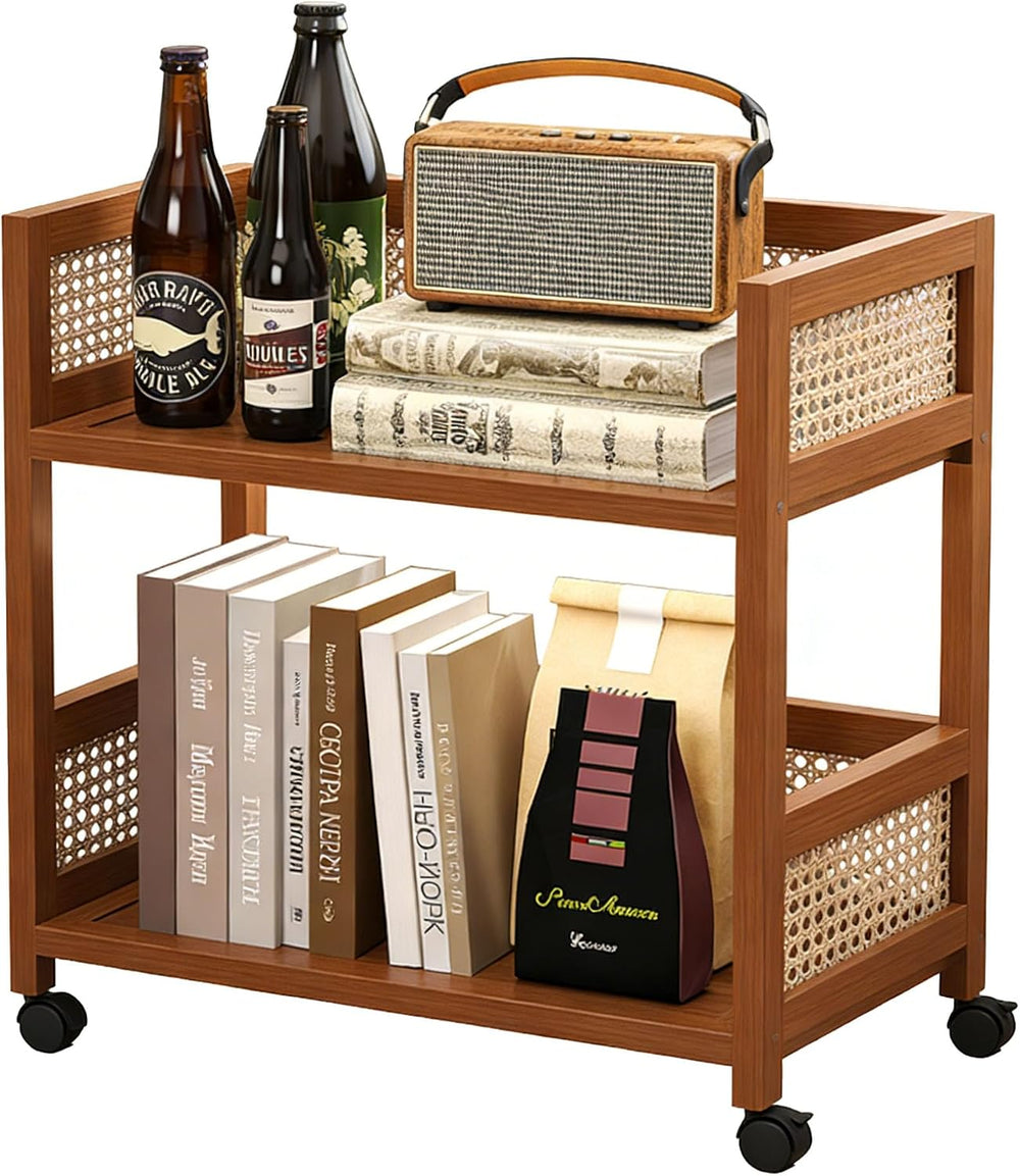 2-Tier Rolling Cart,Open Rattan Bookcase and Bookshelf,Mobile Bookshelf with ...